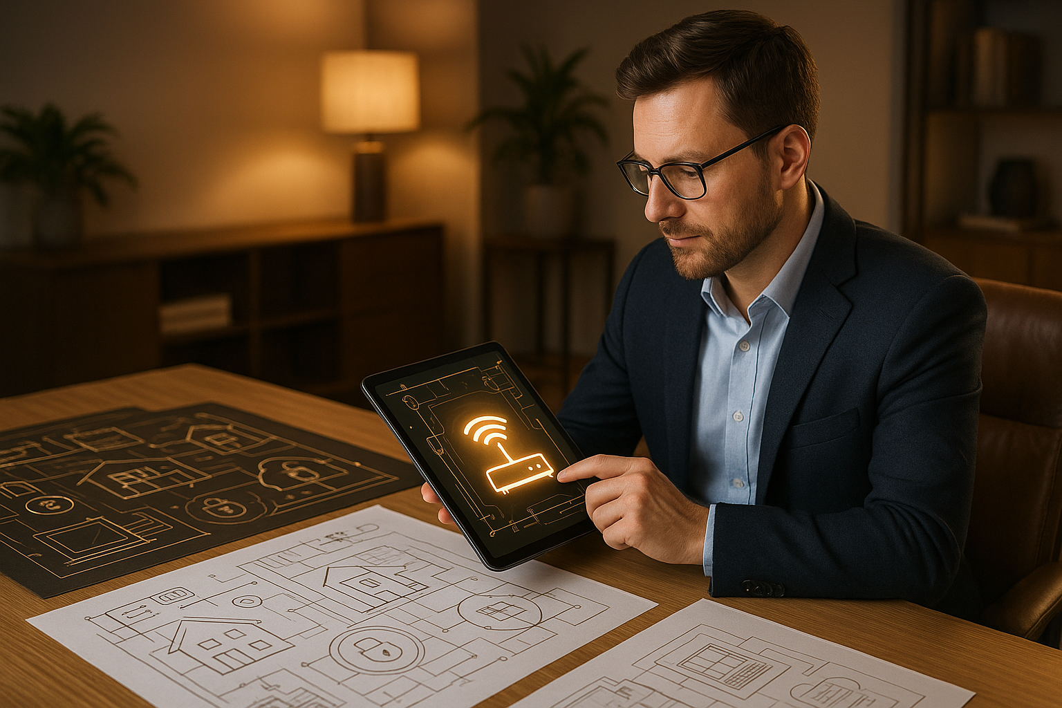 Technology consultant planning smart network system with digital blueprint.